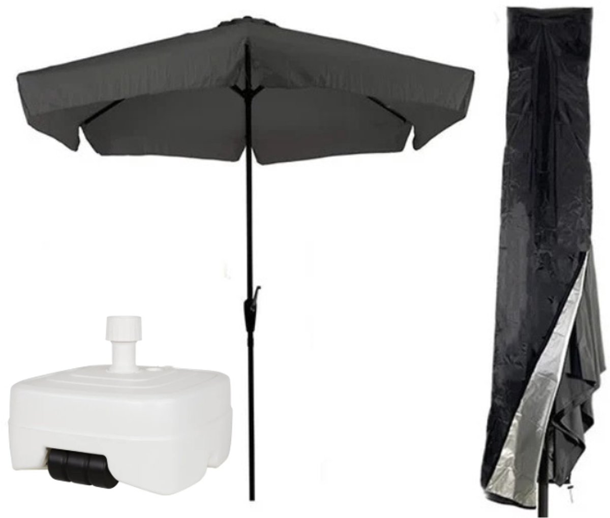 CUHOC Parasol 300 cm Grijs - Inclusief Witte Verrijdbare Vulbare Parasolvoet 40-60 kg + Redlabel Parasolhoes