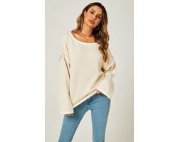 Wit gestreepte oversized trui in beige