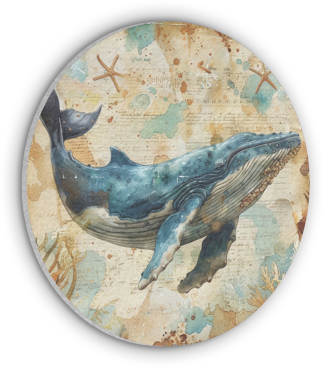 Akoestisch wandpaneel rond 70x70 cm - Vilt schilderij Vintage - Walvis - Watercolor - Blauw - Zeedieren - Ronde akoestische panelen - Geluidsdempende wanddecoratie - Geluidsisolatie wandcirkel - Muurdecoratie geluidspanelen
