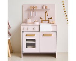 Petite Amélie Speelkeuken Zacht Roze – Kinderkeuken met7 keukenaccessoires – Vervaardigd uit MDF - Met oventje & klikgeluid knoppen