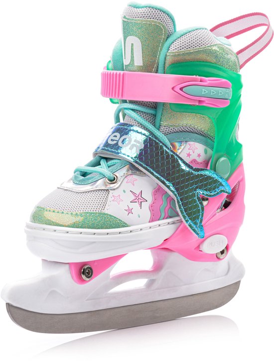 Roze en turquoise skeelers, ombouwbaar tot schaatsen, met glinsterende accenten, zeemeerminnenstaart.