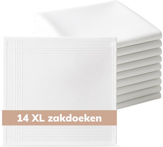 14 mouchoirs blancs XL en coton avec bordure à carreaux discrète.