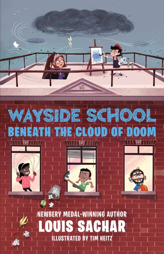 Wayside School Beneath the Cloud of Doom, boekkaft met tekeningen van kinderen en een donkere wolk.