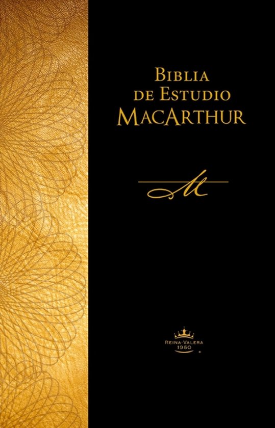 Bible noire avec bordure dorée et "Biblia de Estudio MacArthur" en doré.