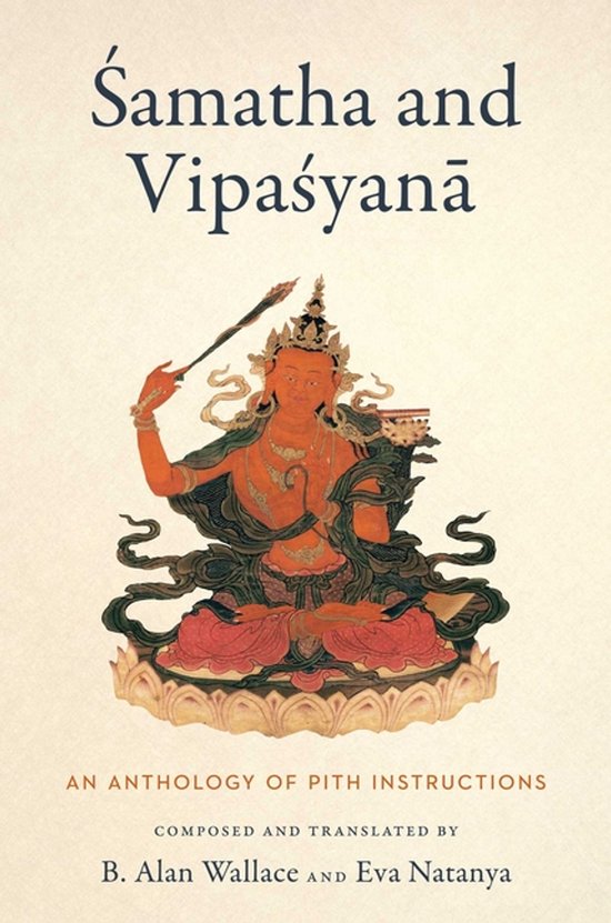 Boek 'Samatha and Vipasyana' met een illustratie van een zittende figuur met een kroon en sieraad, die een pijl vasthoudt.