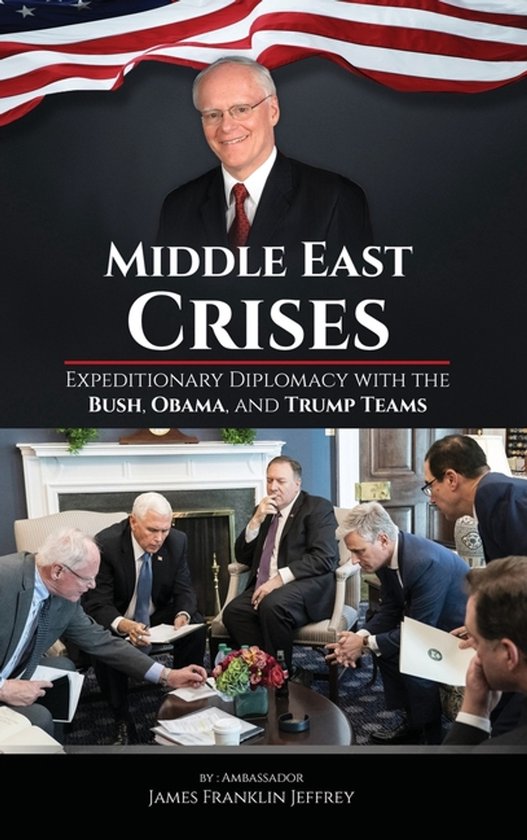Couverture de livre intitulée "Middle East Crises". Sous le titre, trois présidents américains sont représentés avec des membres de leur équipe.