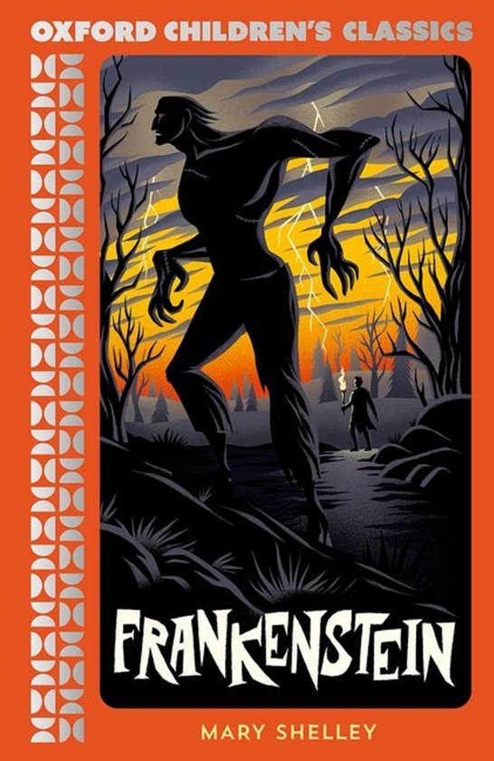 Boekcover van Frankenstein door Mary Shelley, met een silhouet van het monster en een kleine figuur met een fakkel.