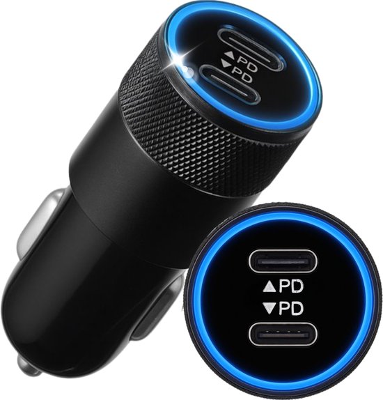 VeryGoods Auto Oplader USB C - Autolader met 2 USB-C Poorten - Tot 3x sneller opladen - Snellader 12V - Sigarettenaansteker Splitter Adapter - USB C Autolader - Zwart