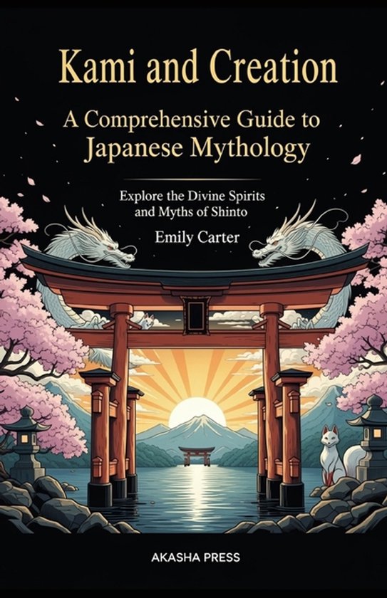 Boek "Kami and Creation" met een Japanse torii-poort, twee draken, Fujiberg en een vosje.
