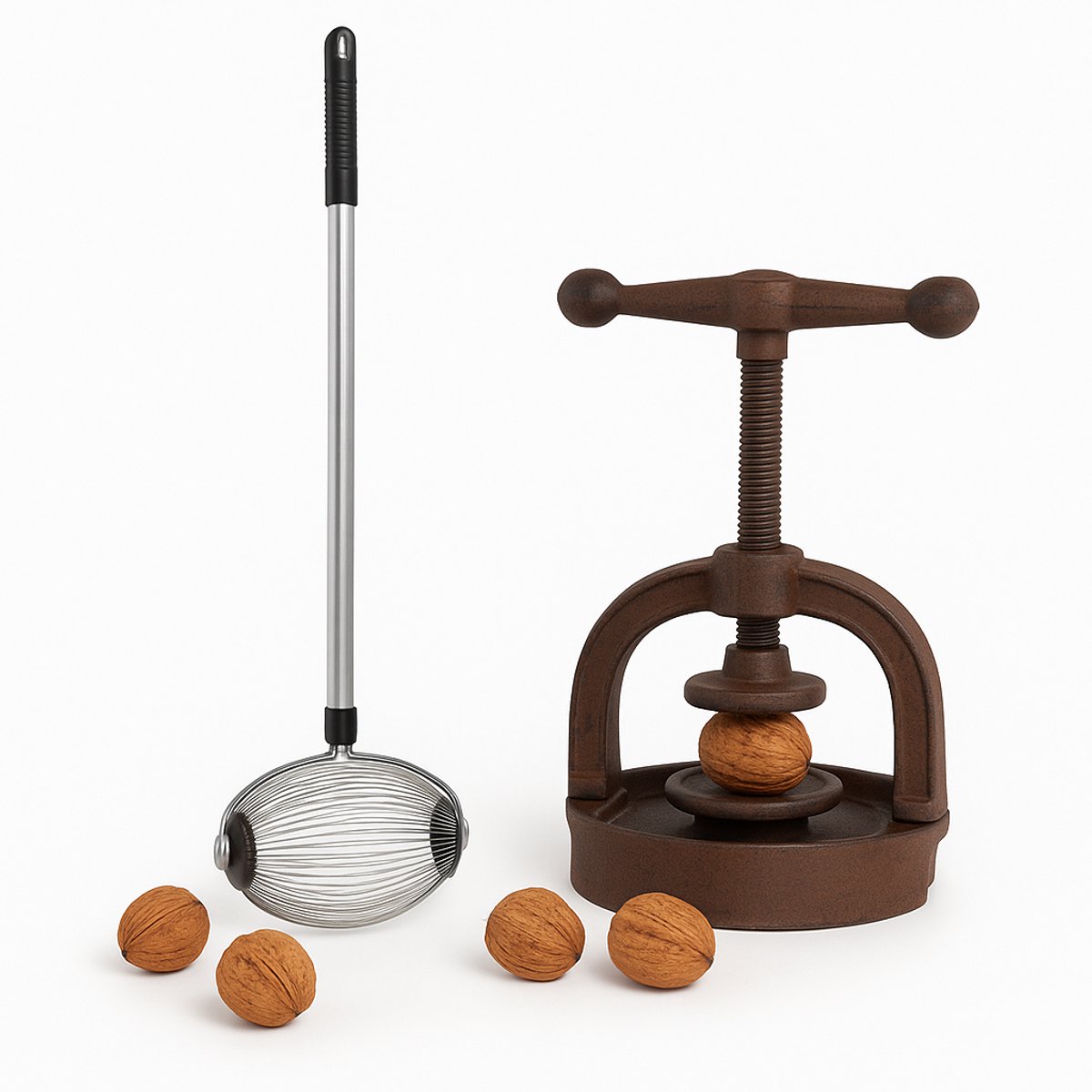 Notenraper + Notenkraker Set – 2-delig – Voor walnoten en kastanjes