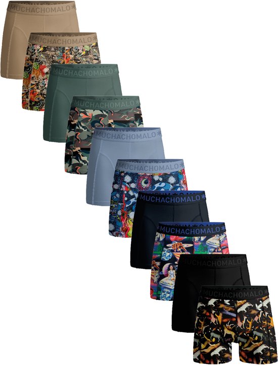 Tien Muchachomalo boxershorts op een rij, met diverse prints en kleuren.