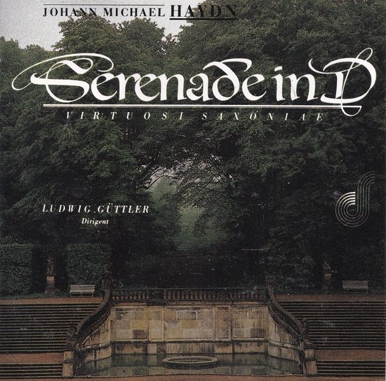 CD hoes met de titel "Serenade in D" op een achtergrond van weelderige bomen en een stenen trap, Duitstalig.