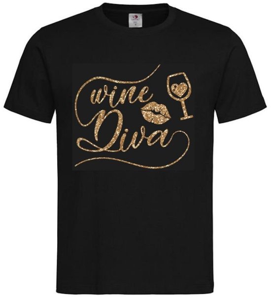 T-shirt unisexe Adultes - Amusant - Festival - Carnaval - Vin - Fête - Humour - Texte drôle - Week-end - Texte - Mauvais Noël « Diva du vin » | manche courte | PAILLETTES Zwart/ Or | taille L.