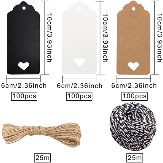 100 Kraftpapieren Cadeaulabels – Wit – Met Jute Koord – 300 G/m² – Met Oogje – Voor Bruiloft, Kerst, Verjaardag En Knutselen