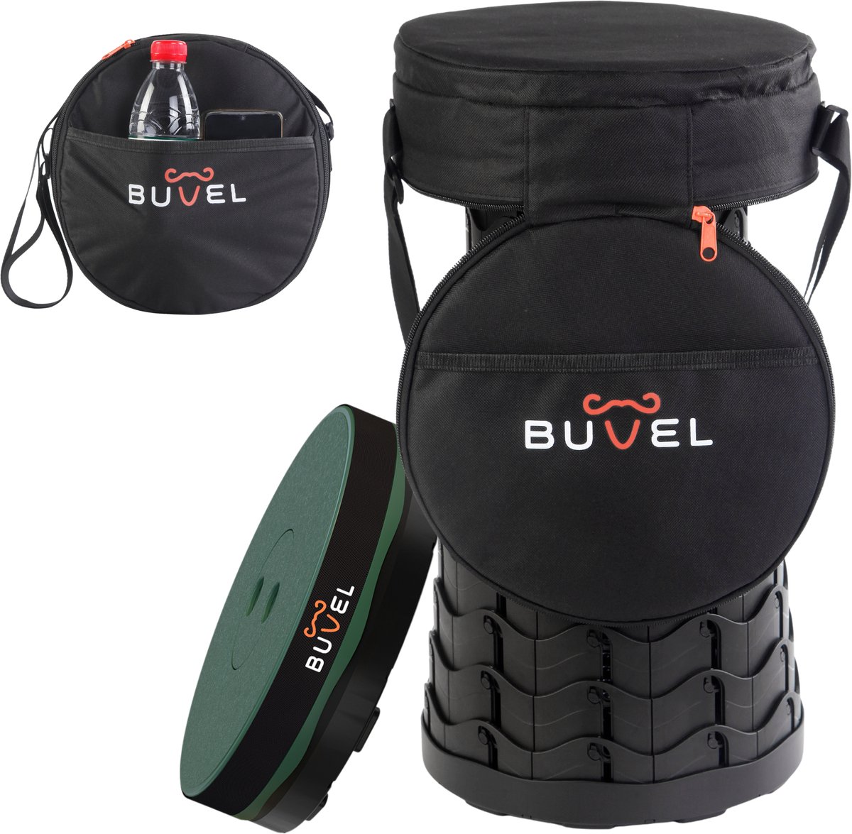 Buvel® Opvouwbare kruk - Kruk - Krukje - Campingstoel - Inklapbaar - Telescopisch - Visstoel - Voetensteun - Rond groen met kussen