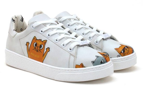 Baskets pour femmes GOBY pour femmes – Cuir végétalien – Imprimé chat – Wit – Pointure 38