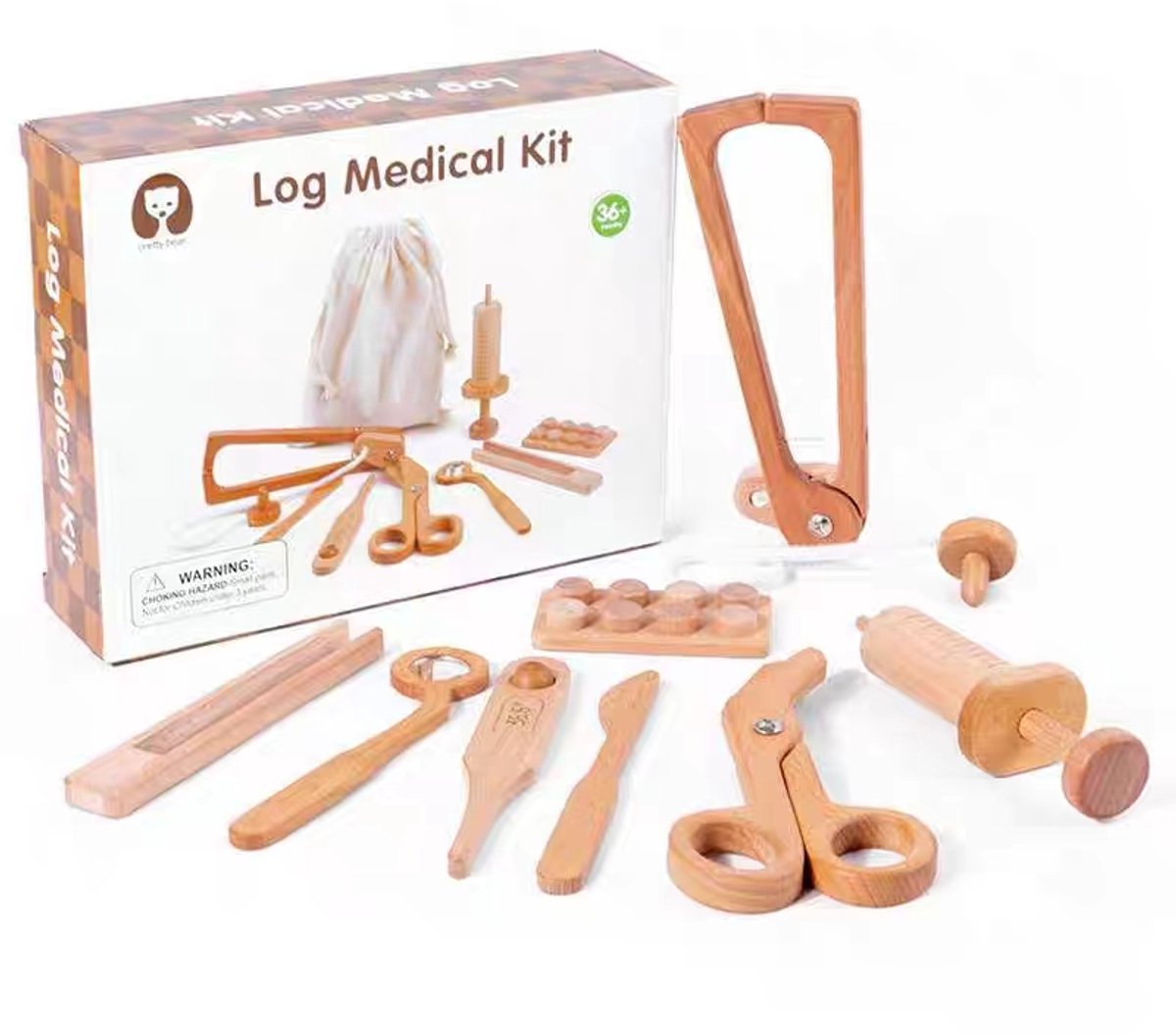 WoodyDoody Houten Dokterset Speelgoed - 9 delig HOOGWAARDIG Hard Hout Speelgoed Rollenspel met OPBERGZAK - Speelgoeddokterset - Gereedschap - Thermometer- Doktersset - Dokterskoffer - Speelgoed - Vanaf 1 jaar - Educatief Speelgoed - Ontwikkeling — afbeelding 5