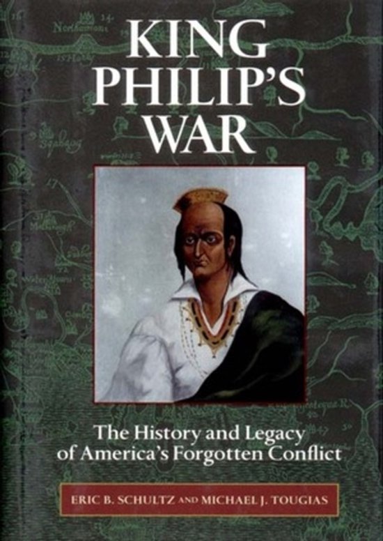 Boek "King Philip's War" met een portret van een inheemse leider met een hoofdtooi.