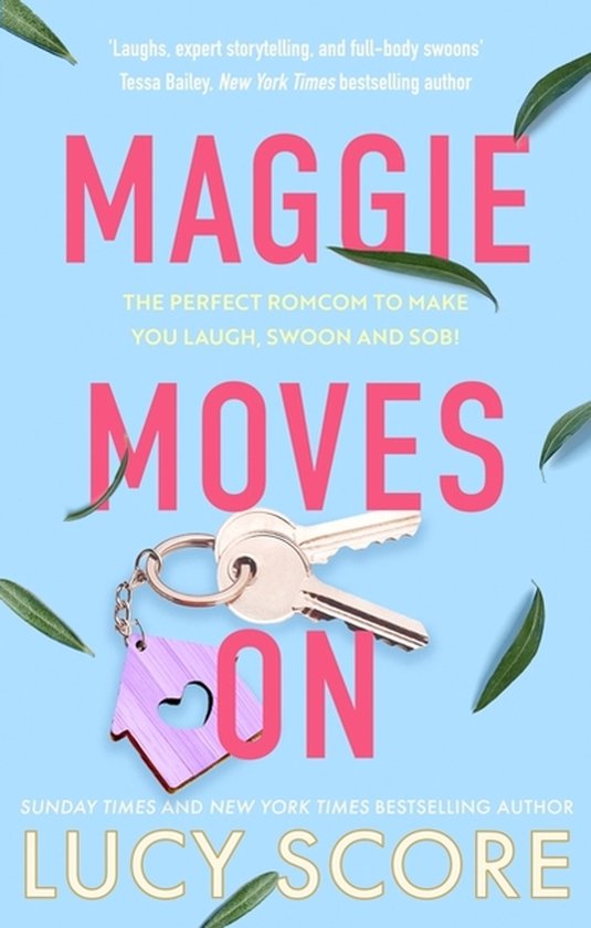 Boekomslag 'Maggie Moves On' met roze tekst, huissleutelhanger met hartje en groene blaadjes op een lichtblauwe achtergrond.