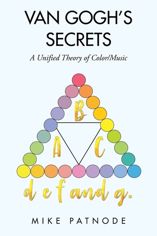 Boek 'Van Gogh's Secrets' met een regenboogkleurige cirkel piramide met de letters A, B, C, D, E, F en G.