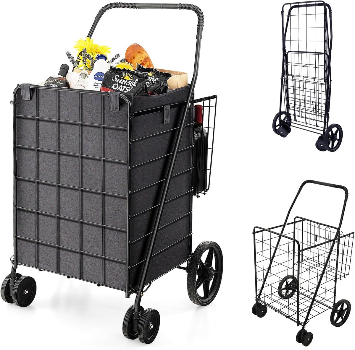 COSTWAY Boodschappentrolley, inklapbaar, winkelwagen op wielen met afneembare Oxford-tas en 2 manden, handwagen, 40 kg belastbaar, rolwagen, multifunctionele wagen voor was, winkelen, bagage (zwart)