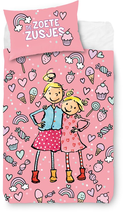 Roze dekbedovertrek met 'De Zoete Zusjes' print: twee zusjes, regenboogjes, hartjes, ijsjes en snoepjes.