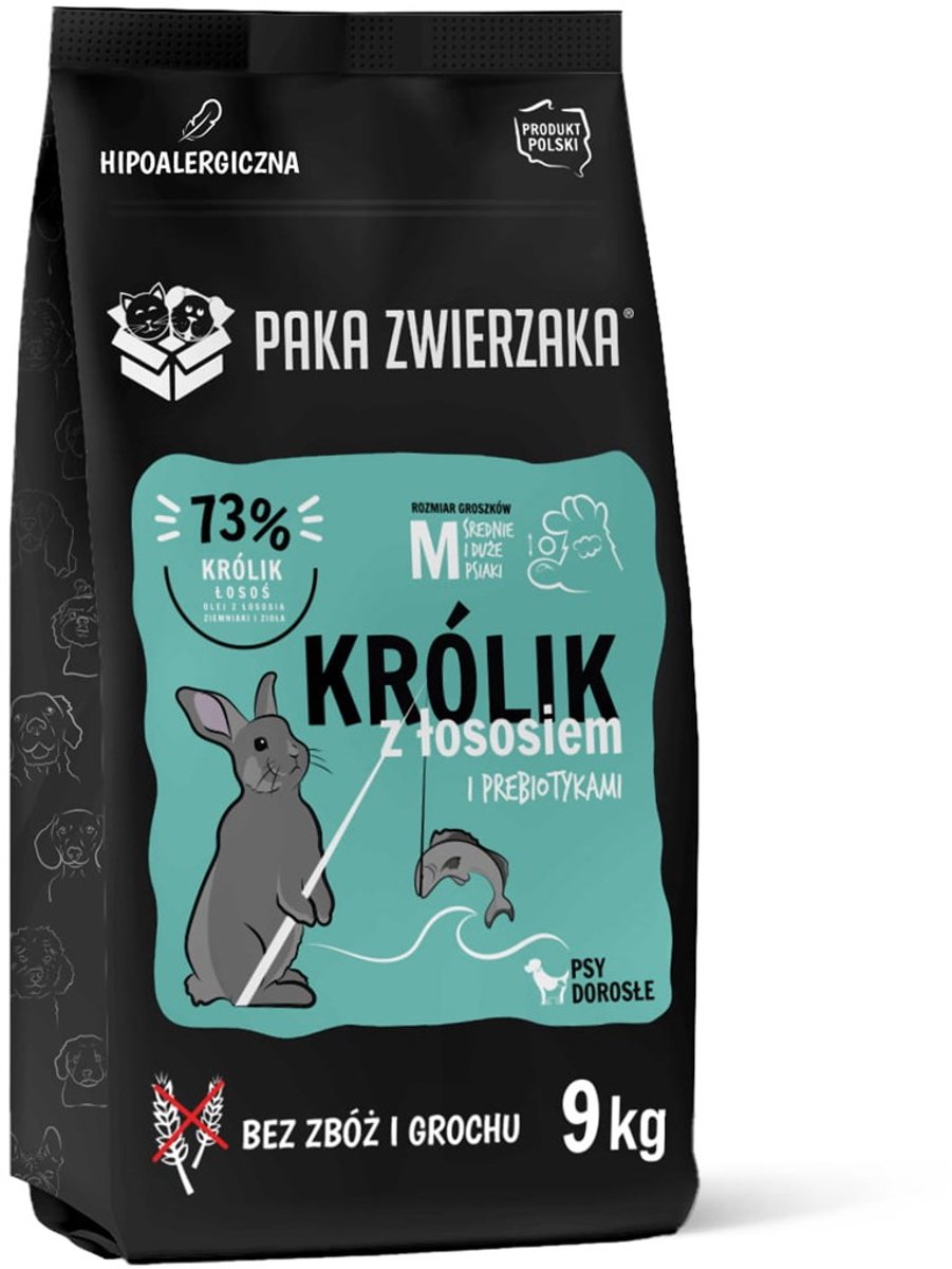 Paka Zwierzaka - Droogvoer voor Honden - Konijn & Zalm - Natuurlijk & Graanvrij - Hypoallergeen - Ondersteunt Huid, Vacht & Spijsvertering - 9 kg