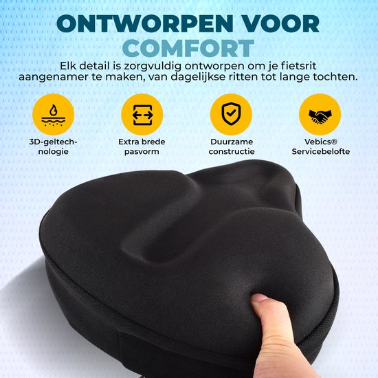 Close-up van een zwarte fietszadelhoes met gel-vulling, die de 3D-geltechnologie, extra brede pasvorm, duurzame constructie en Vebics servicebelofte benadrukt.