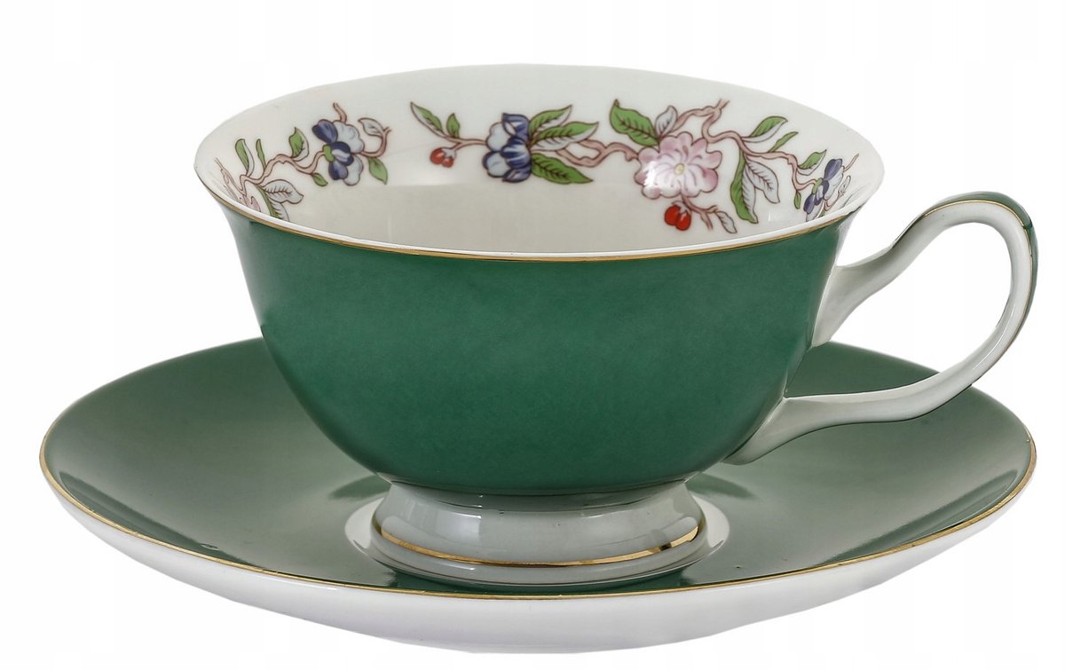 Porseleinen Mok met Schotel - Groen met Bloemendessin - 200 ml