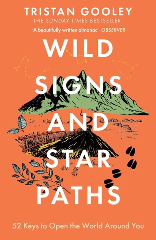 Boek "Wild Signs and Star Paths" met berglandschap, sterrenbeelden en dierenpootafdrukken op oranje achtergrond.