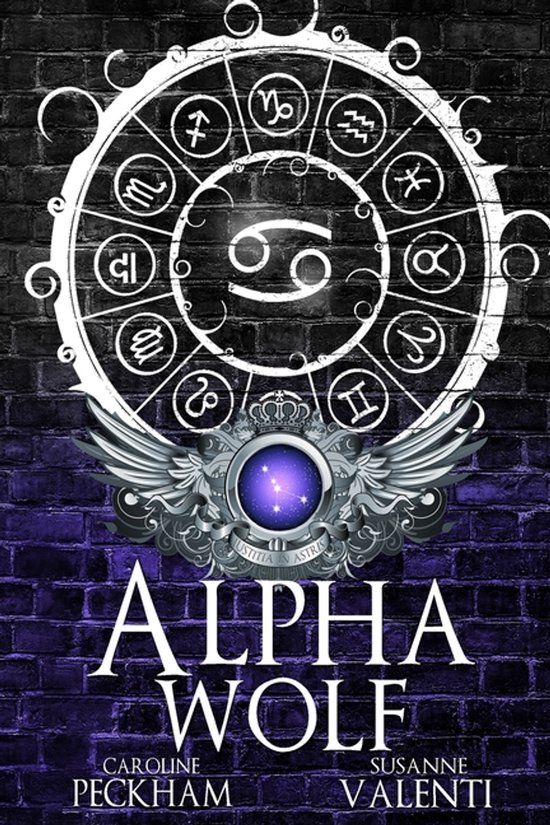 Boekomslag 'Alpha Wolf' met astrologische cirkel, vleugels en titel op bakstenen achtergrond.
