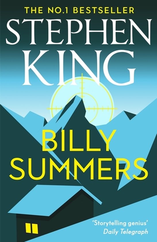 Boek Billy Summers van Stephen King, met een geel-blauwe berglandschap en een doelwit.