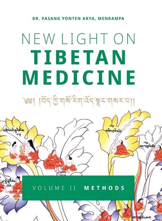 Boek kaft: "New Light on Tibetan Medicine Volume II Methods" met illustraties van mensen in Tibetaanse kleding.