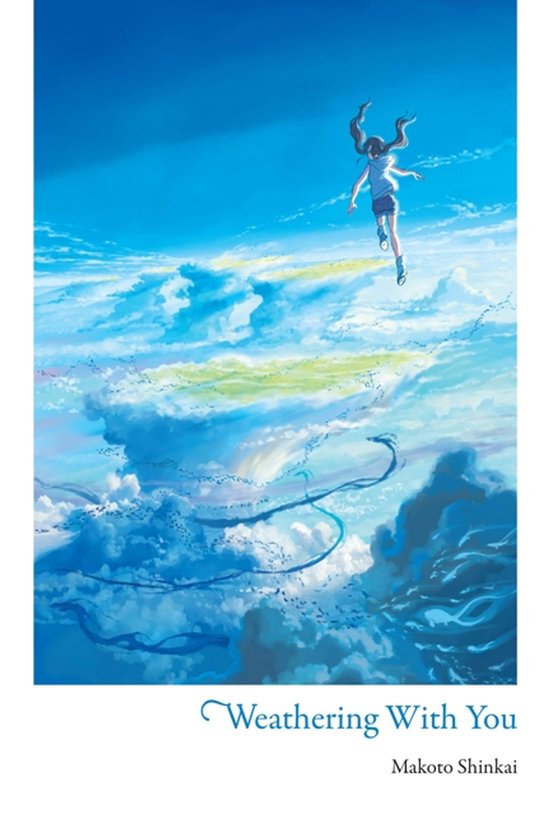 Een meisje springt in de lucht, omringd door wolken en vogels, met de titel 'Weathering With You'.