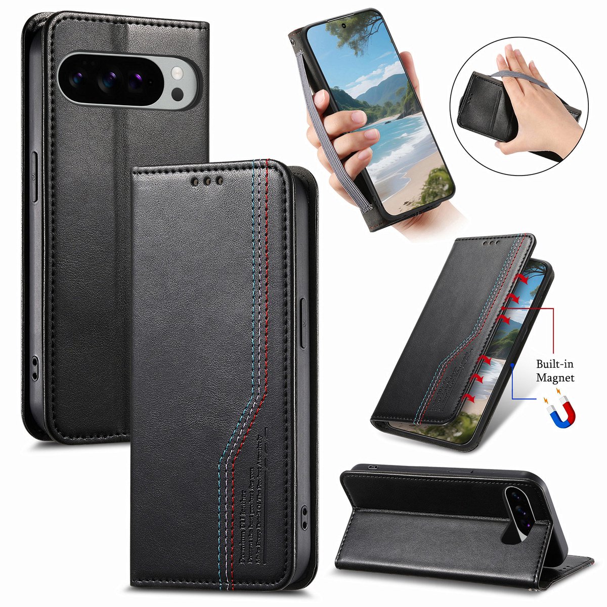 Praktische en Stijlvolle PU Leren Portemonnee Hoes voor Google Pixel 8 Pro _ Zwart