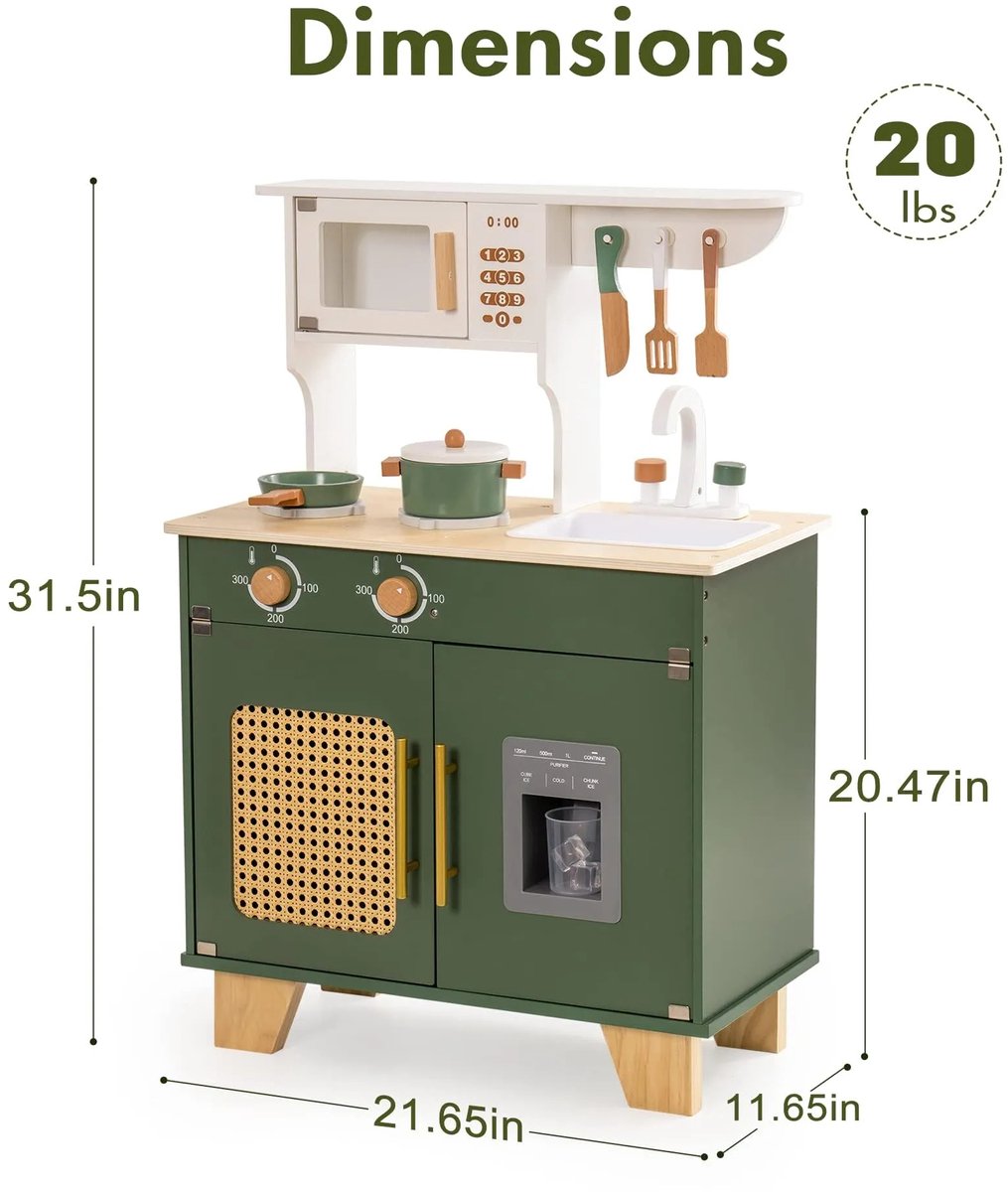 ROBOTIME-Wooden Kids Play Kitchen Set - Kids Kitchen Playset with Pretend Ice Cube Dispenser - WCF04 - Vintage Green - Wood — afbeelding 6