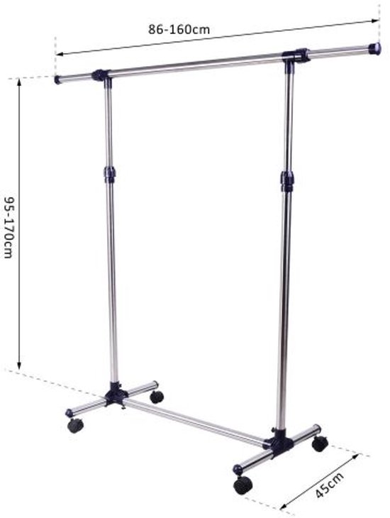 Kapstok met wieltjes, in hoogte verstelbare en uitschuifbare kledingstang, droogrek, vrijstaande kapstok voor de hal, roestvrij staal, 86 x 45 x 95 cm — afbeelding 3