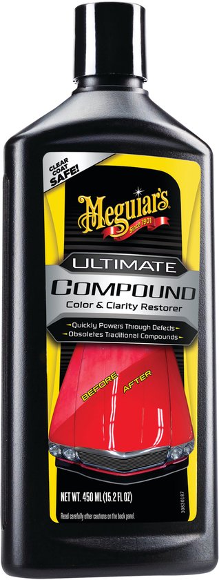Meguiar's Ultimate Compound fles met gele en zwarte etikettering. Toont een rode auto met "Voor" en "Na" secties.