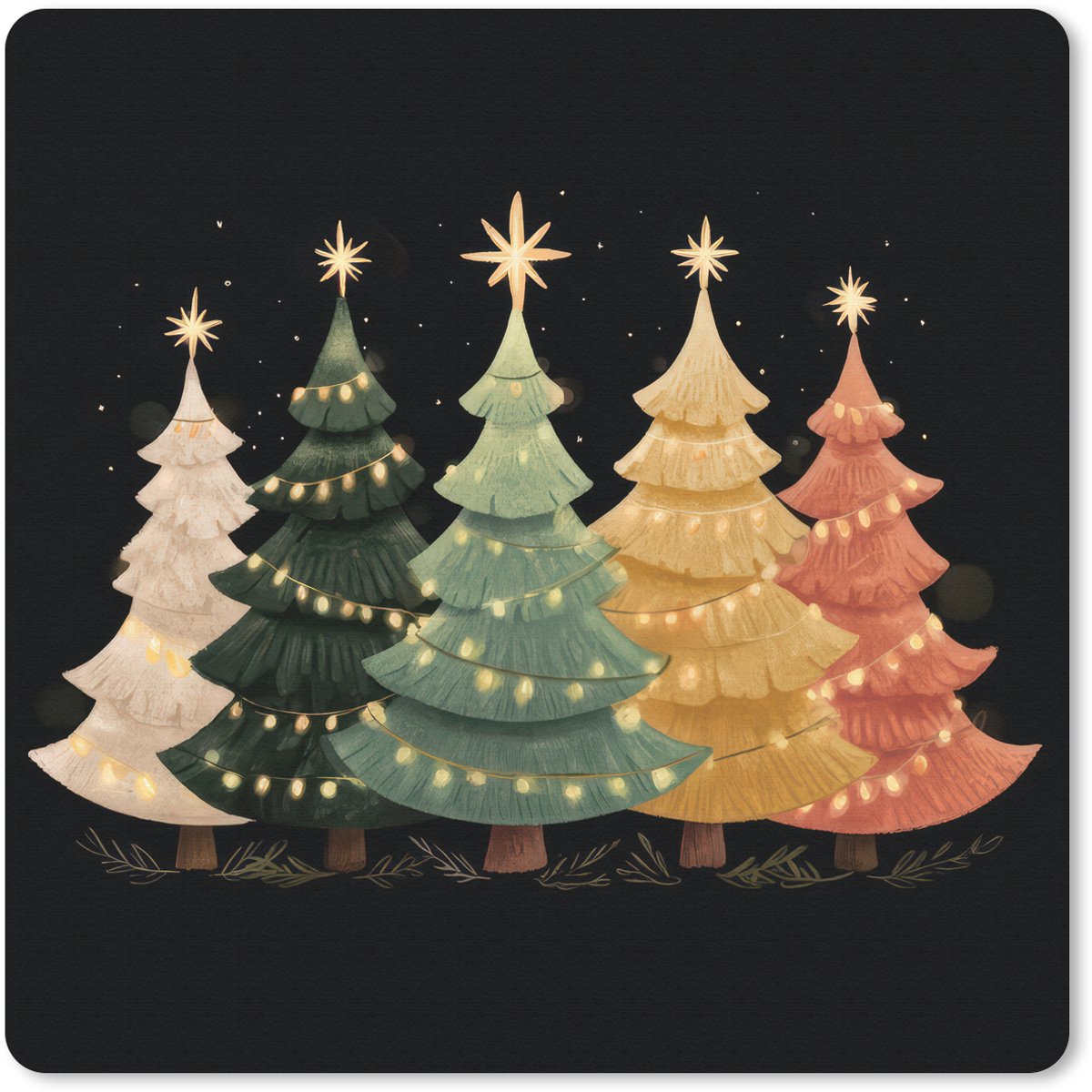 Muismat 20x20 cm - Mousepad Kerstbomen - Kleurrijk - Lichtjes - Ster - Muismatten
