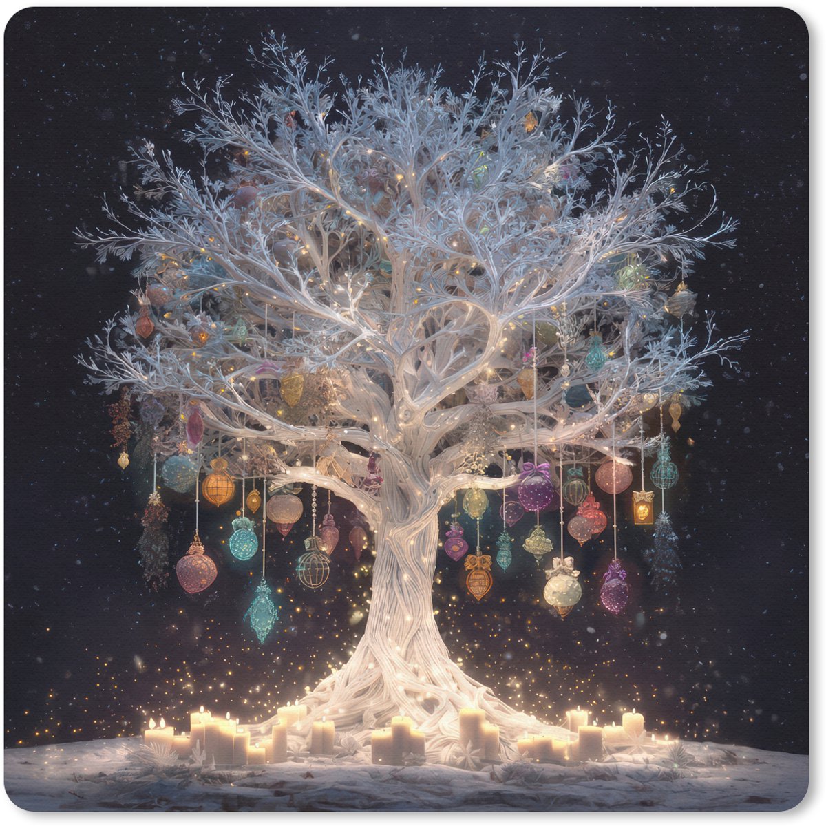 Muismat 30x30 cm - Mousepad Sneeuwboom - Lichtjes - Wit - Kleurrijk - Muismatten