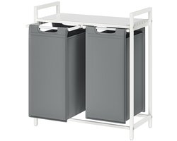 Wasmand 73 x 33 x 72 cm Wit Grijs Oxforddoek Metalen Frame 2 Vakken 46 Liter Uittrekbaar Afneembare Zakken Stevig Duurzaam