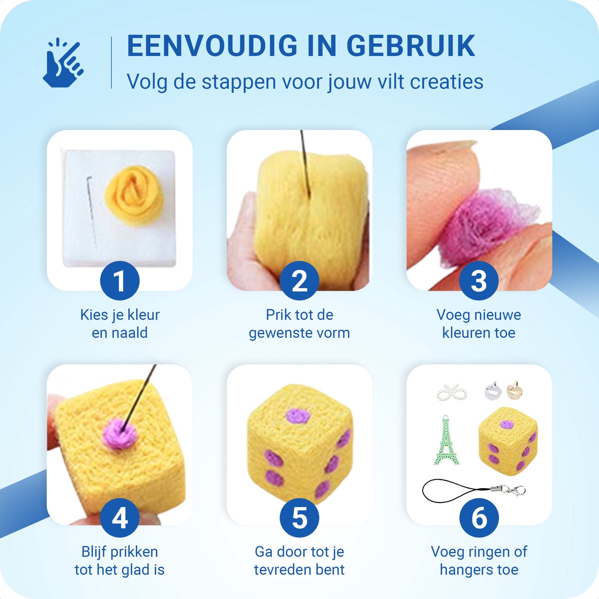 JT Products Naaldvilten Starterset Met 50 Kleuren 250 Gram Viltwol - 5 Gram Wol per Kleur + 63 Tools - 113 Stuks - Needle Felting Pakket - Knutselen Voor Beginners & Gevorderde - 7 Viltnaalden Vilten - Naald Vilt Kado - Knutsel Naaldvilt Cadeautjes — afbeelding 5