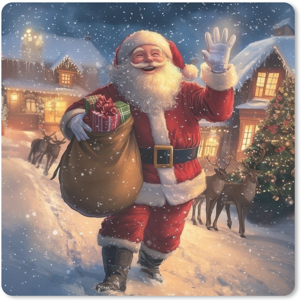 Muismat 20x20 cm - Mousepad Kerstman - Dorp - Hert - Donker - Muismatten