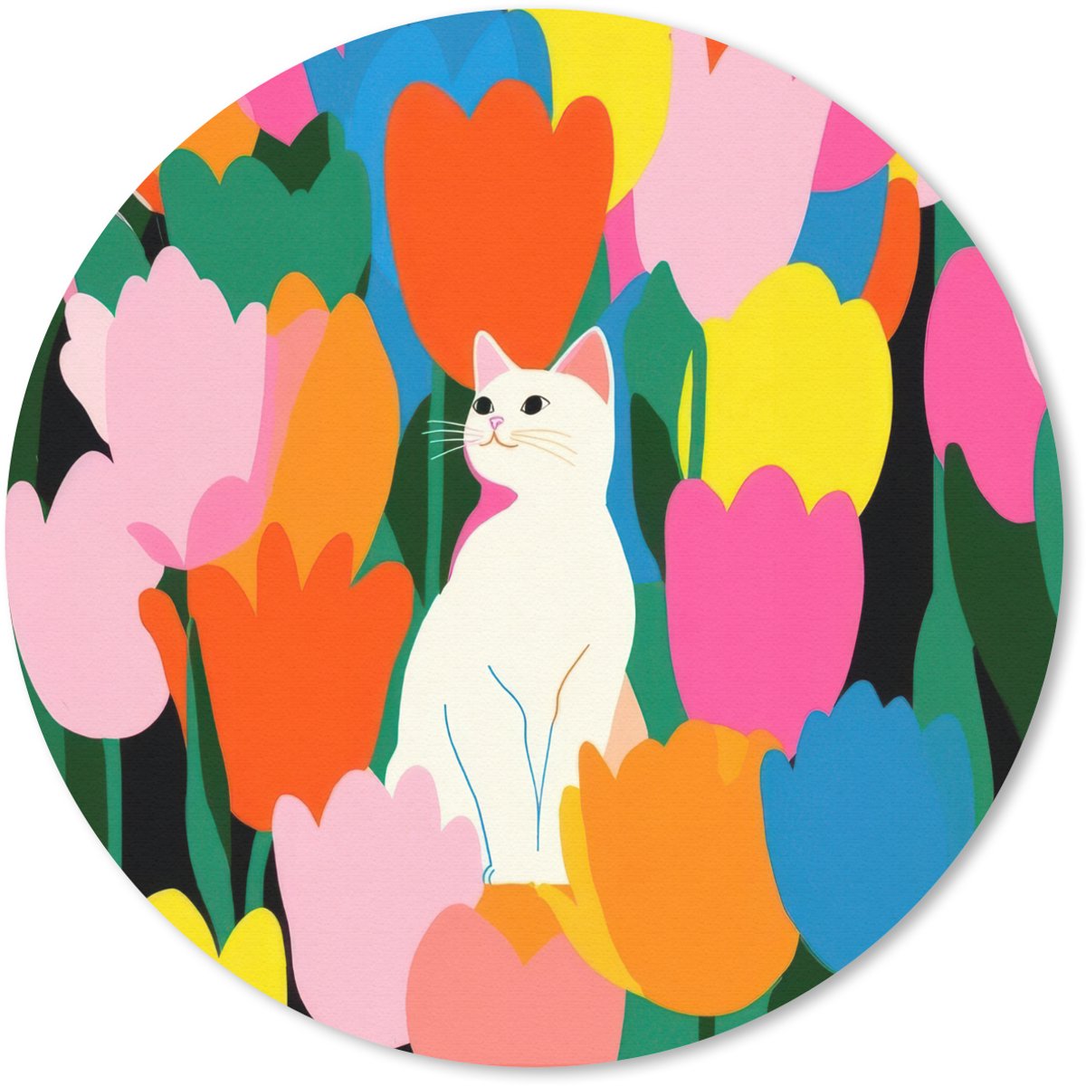 Muismat rond 40x40 cm - Mousepad Tulpen - Kat - Kleurrijk - Ronde muismatten