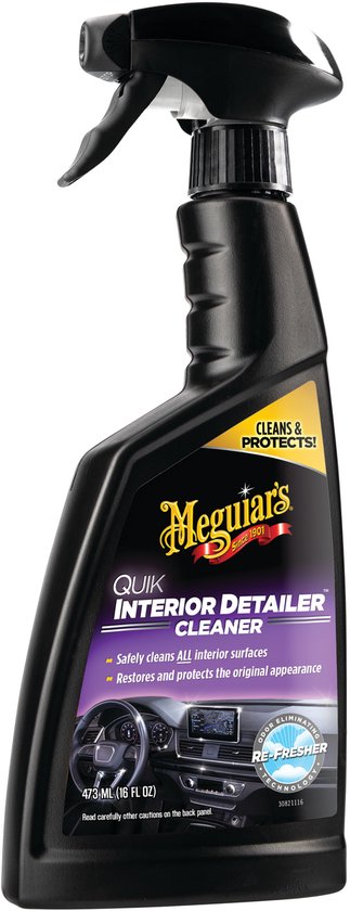 Bouteille noire de nettoyant détaillant intérieur Meguiar's Quik avec étiquette jaune et image d'un intérieur de voiture.
