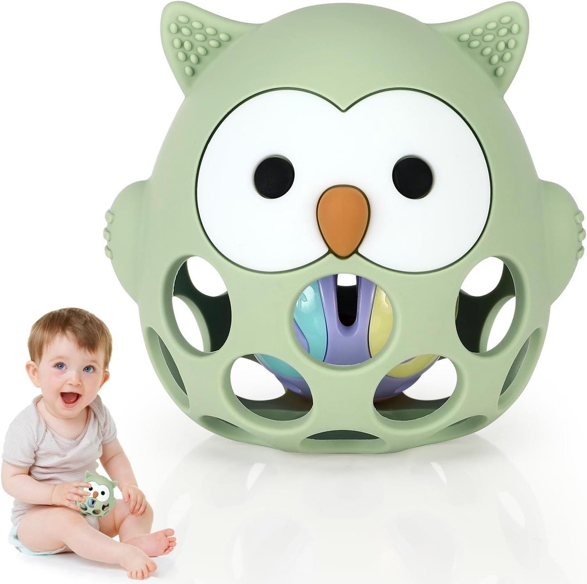 Provento - Montessori babyspeelgoed, grijpbal voor baby's, BPA-vrij grasping speelgoed, olijfgroen, 3-18 maanden.