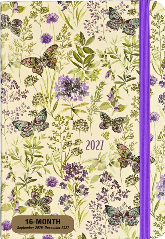 Agenda met bloemen- en vlinderprint in groen en paars, met een paarse elastische sluiting en '2021' erop.