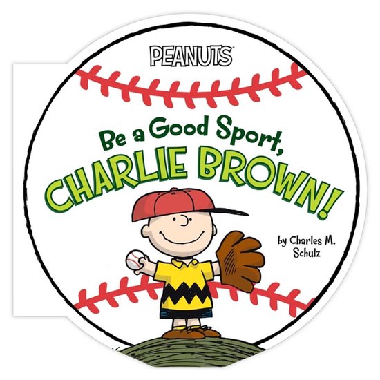 Charlie Brown draagt een geel shirt met zwarte zigzagprint, een rode pet en houdt een honkbal vast. Tekst: "Be a Good Sport, Charlie Brown!"