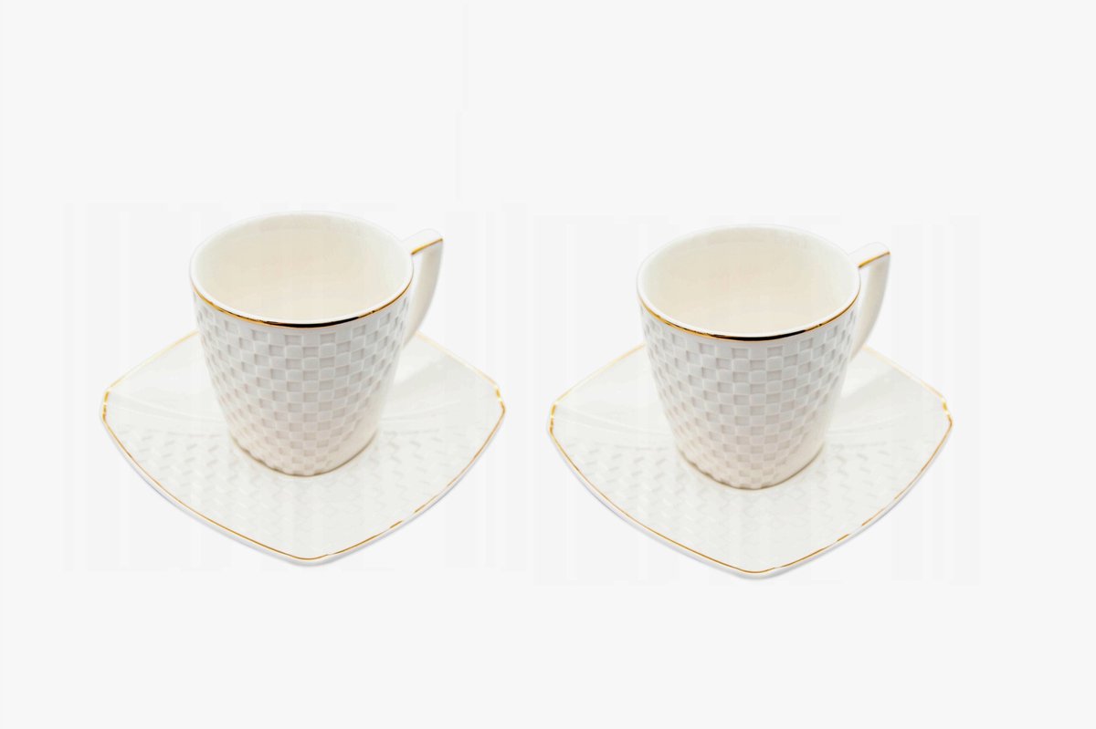 Porseleinen Koffieset: 2 Kopjes & Schotels (240ml) met Gouden Accent