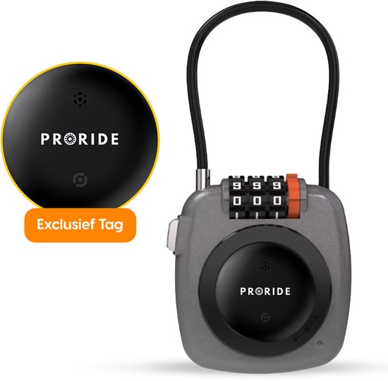 Serrure grise avec un gros plan circulaire sur la partie noire avec le logo 'PRORIDE'.